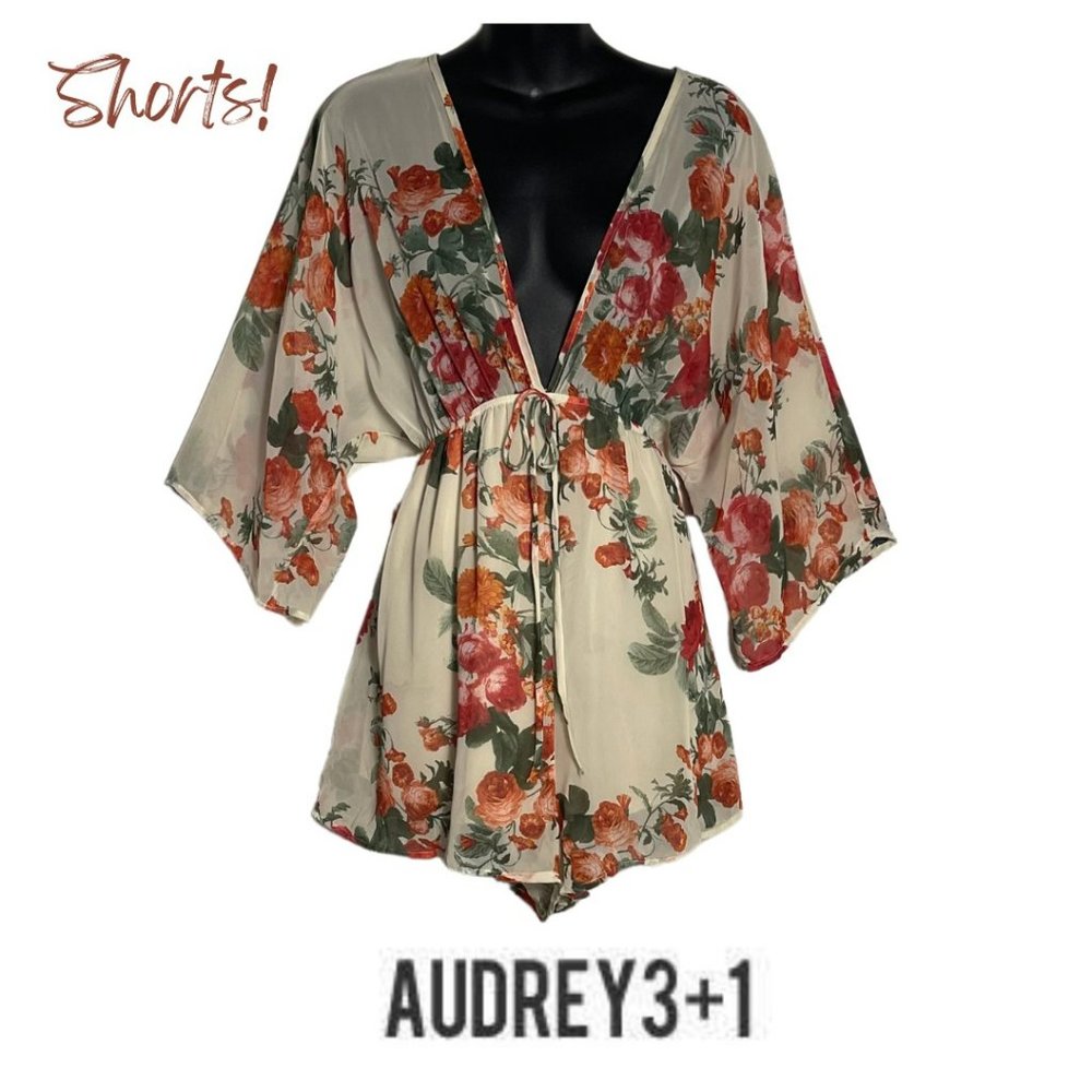 Audrey 3+1🌺 Sheer Floral Romper Shorts Red Orange V Neck Women Large One Piece